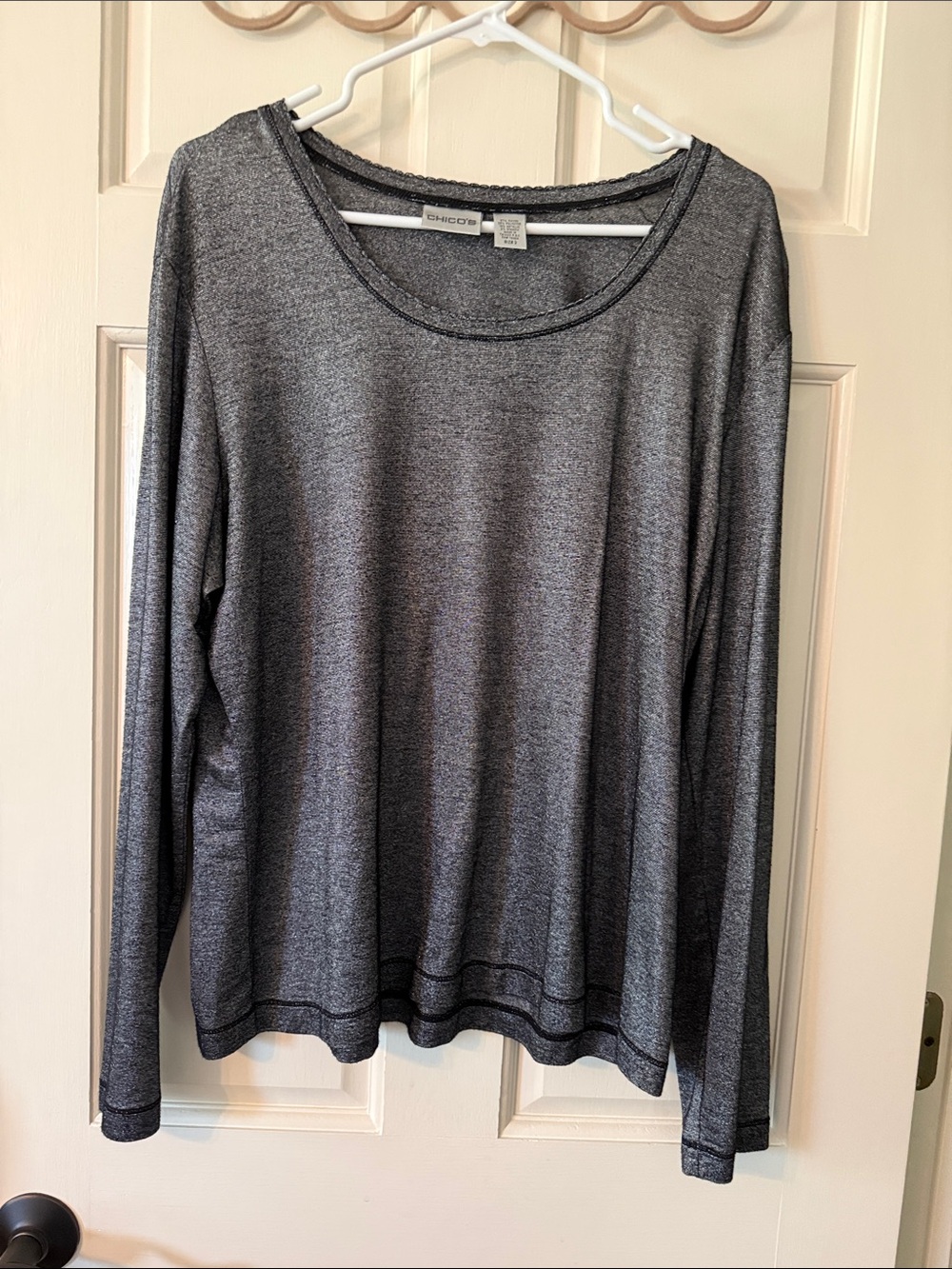 Chico's Size 3 Long Sleeve Silver Metallic  Scoop Neck Top